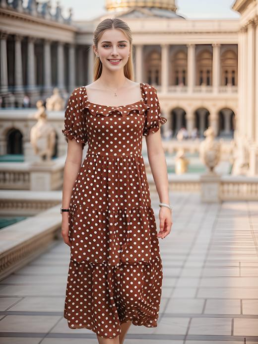 复古方领多层断摆泡泡袖连衣裙 商品图0