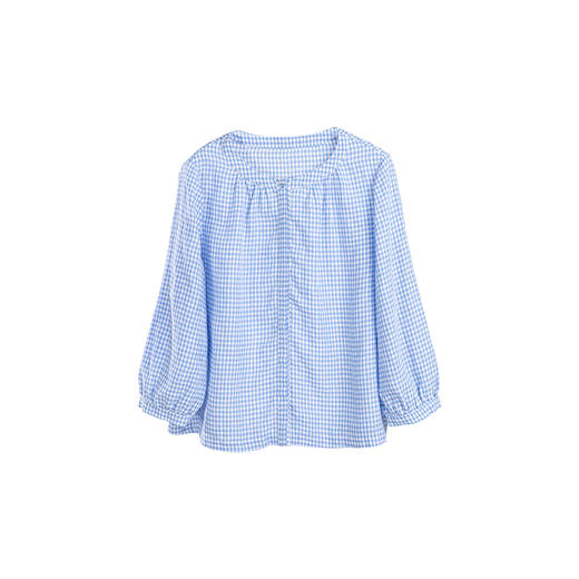 绽放383朵【入蓝系列】浅蓝格子文艺气质圆领七分袖亚麻衬衣开衫 商品图4