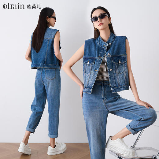 OLrain欧芮儿牛仔蓝短款马甲女夏季2024年新款休闲简约百搭上衣 商品图0