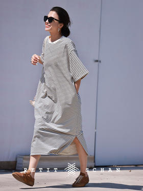 条理 精梳棉混纺条纹短袖连衣裙