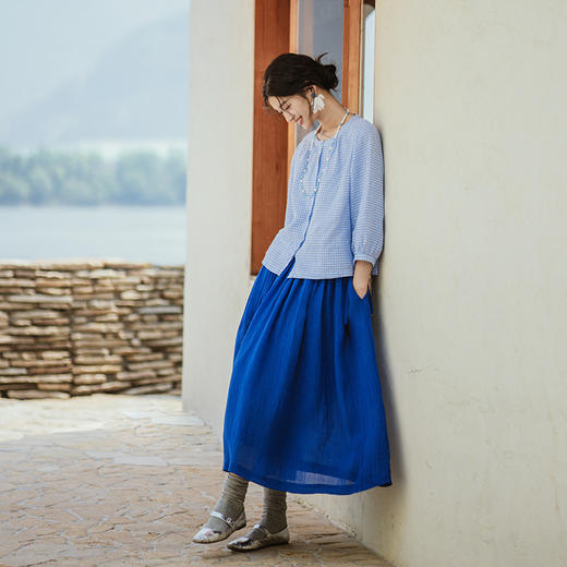 绽放259朵【入蓝系列】高端天丝苎麻法式大裙摆松紧腰休闲半身裙 商品图2