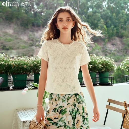 OLrain欧芮儿杏色短袖T恤女夏季法式气质蕾丝衫百搭镂空花边上衣 商品图0