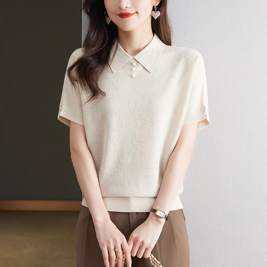 CC 10-5320薄款冰丝翻领纯色休闲显瘦T恤衫上衣 商品图1