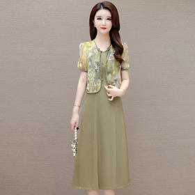 时尚两件套连衣裙，印花短袖外套+内搭无袖连衣裙QYM- LRX-822472-Y