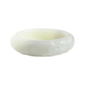 【天然正品】天然收藏级厚庄青海料牡丹花图案60.5号烟青白玉和田玉手镯60.4MM 020323XY04+