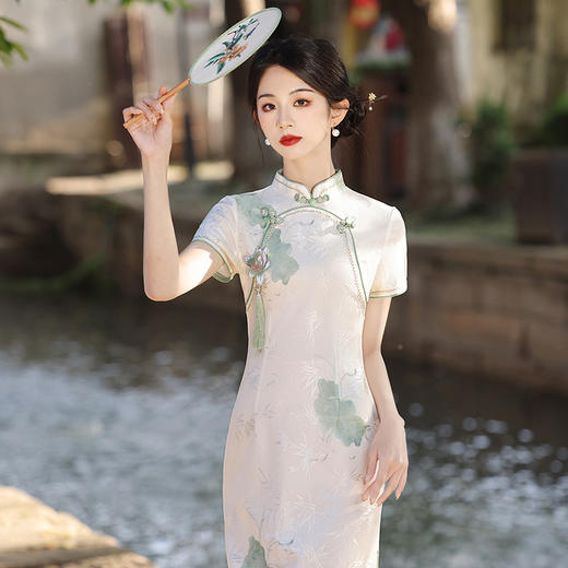 夏季新款设计感小众花边竹叶网复合旗袍MLS 6905 商品图2