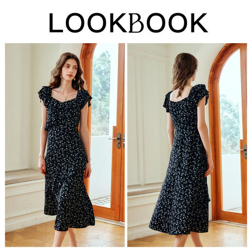 OLrain欧芮儿法式黑色碎花连衣裙女夏季2024新款V领气质显瘦长裙 商品图4