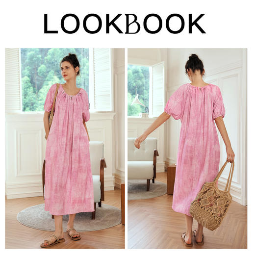 OLrain欧芮儿法式连衣裙女夏季2024年新款慵懒晕染宽松泡泡袖裙子 商品图4