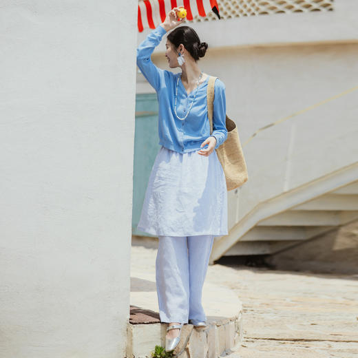 绽放194朵【入蓝系列】蓝白细条纹宽松百搭弯刀阔腿亚麻休闲裤 商品图3