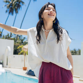 绽放旅行女装342朵/2024夏季新款白色宽松翻领连身袖棉麻衬衫