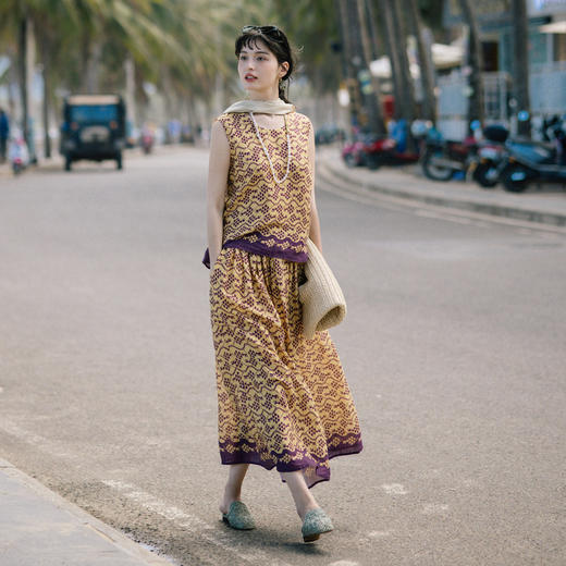 绽放旅行女装358朵/设计感高支亚麻定位印花伞裙旅游度假半身裙 商品图1