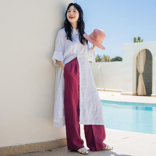 绽放348朵【入蓝系列】2024新款干洗亚麻百搭微喇宽松显瘦休闲裤 商品图3