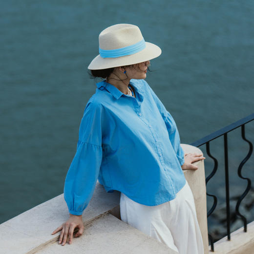 * 绽放装397朵【入蓝系列】海蓝色高端汉麻棉海边度假灯笼长袖衬衫 商品图3