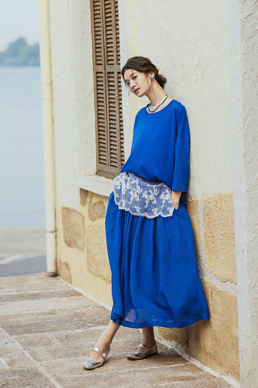 绽放259朵【入蓝系列】高端天丝苎麻法式大裙摆松紧腰休闲半身裙 商品图5