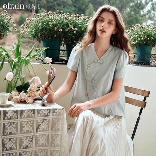 OLrain欧芮儿新中式国风上衣女夏季新款薄荷曼波色雪纺衫绣花衬衫 商品图0