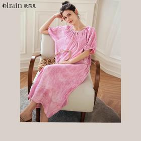 OLrain欧芮儿法式连衣裙女夏季2024年新款慵懒晕染宽松泡泡袖裙子