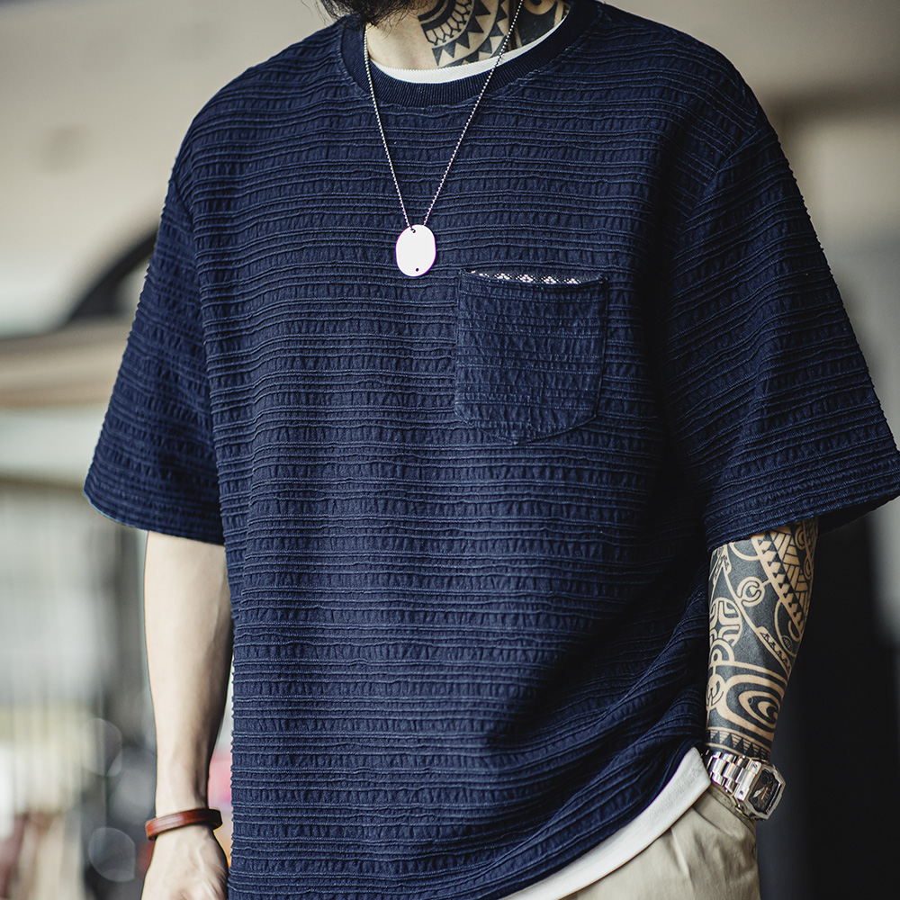 工装优选 美式复古针织提花波浪纹T恤肌理感咔叽宽松短袖体恤男夏