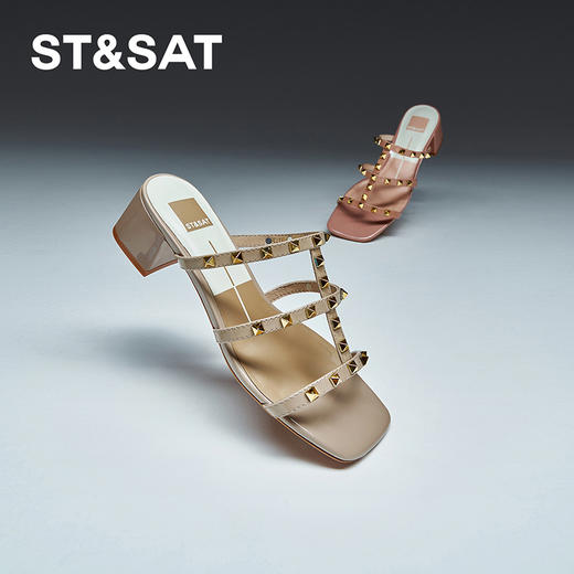 星期六铆钉细带露趾粗跟拖鞋SSC2110318 商品图1