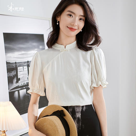 剩M/L/XL/XXL 米思阳2025夏季新款新中式简约衬衫提花盘扣设计感泡泡袖上衣2559 商品图0