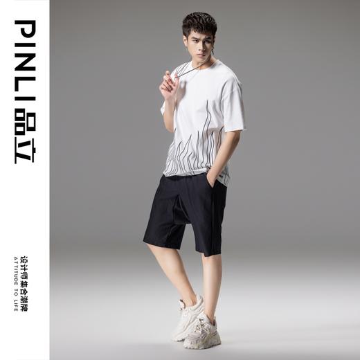 PINLI品立夏季新款刺绣宽松短袖T恤男士线条撞色百搭休闲上衣B242111109 商品图1