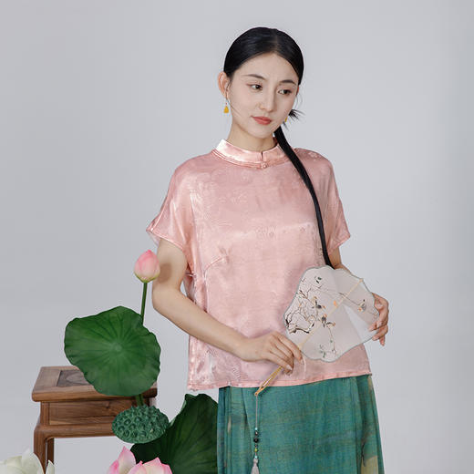 2024年春夏新款新中式国风立领提花短袖上衣XFV246201-T 商品图4