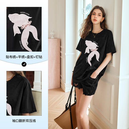 OLrain欧芮儿黑色短袖T恤女夏季2024年新款时尚宽松圆领刺绣上衣 商品图3