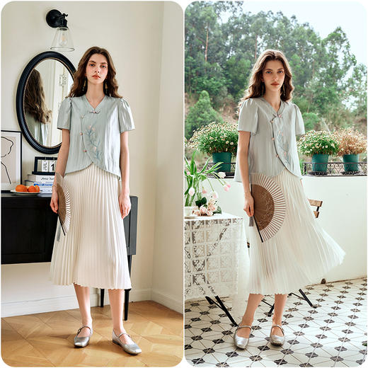 OLrain欧芮儿新中式国风上衣女夏季新款薄荷曼波色雪纺衫绣花衬衫 商品图4