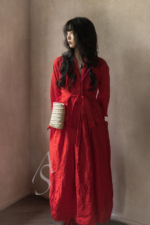 Daniela Gregis 朱红色拼接褶皱真丝连衣裙 商品图1