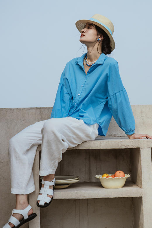 * 绽放装397朵【入蓝系列】海蓝色高端汉麻棉海边度假灯笼长袖衬衫 商品图5