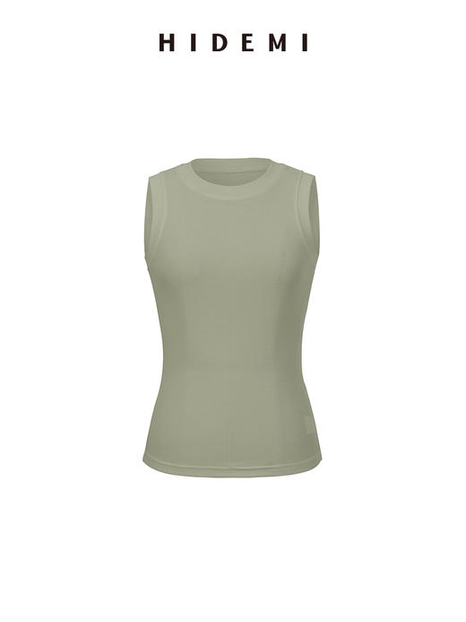 HIDEMI 【董生活同款】超显瘦小圆领收身弹力坑条针织短款背心 豆沙灰绿/炭灰蓝黑/白色 商品图2