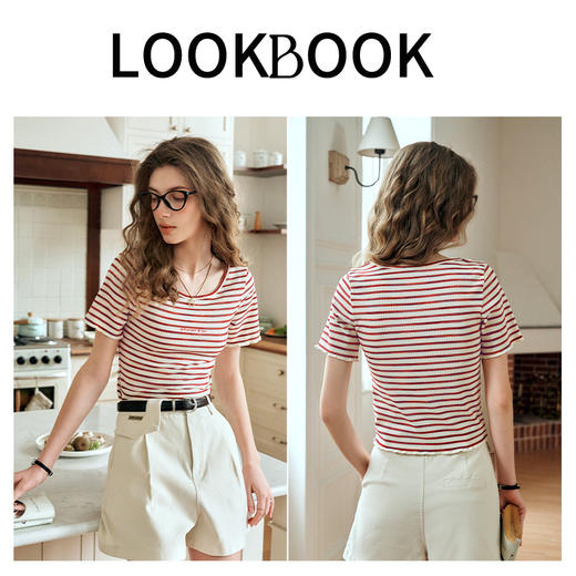 OLrain欧芮儿方领条纹T恤女夏季2024年新款时尚休闲短袖针织衫 商品图4