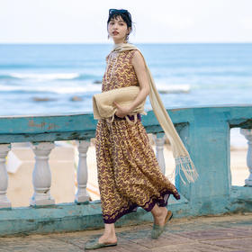 绽放旅行女装358朵/设计感高支亚麻定位印花伞裙旅游度假半身裙
