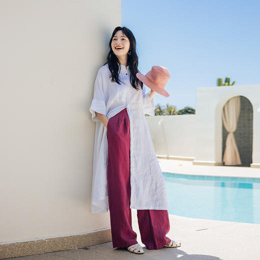 绽放351朵【入蓝系列】100%砂洗亚麻立领翻领两穿宽松休闲连衣裙 商品图1