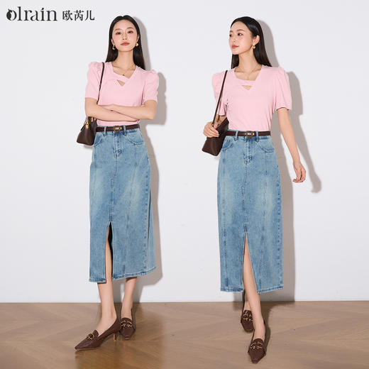 OLrain欧芮儿牛仔半身裙女夏季2024年新款高腰显瘦直筒开衩半裙 商品图0