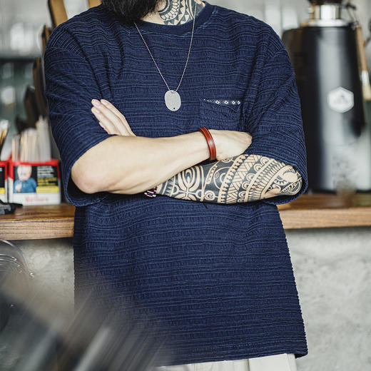 工装优选 美式复古针织提花波浪纹T恤肌理感咔叽宽松短袖体恤男夏 商品图3