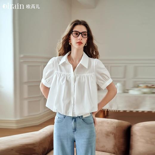 OLrain欧芮儿米白色短袖衬衫女夏季2024年新款设计感气质通勤上衣 商品图0