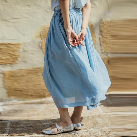 绽放259朵【入蓝系列】高端天丝苎麻法式大裙摆松紧腰休闲半身裙 商品图1