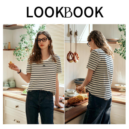 OLrain欧芮儿条纹T恤女夏季2024年新款简约宽松设计感短袖上衣 商品图3