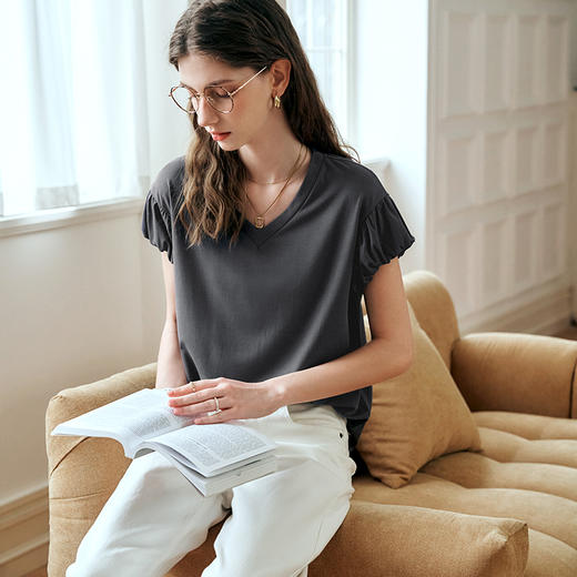 OLrain欧芮儿灰色V领T恤女夏季2024年新款纯色休闲百搭短袖上衣 商品图1