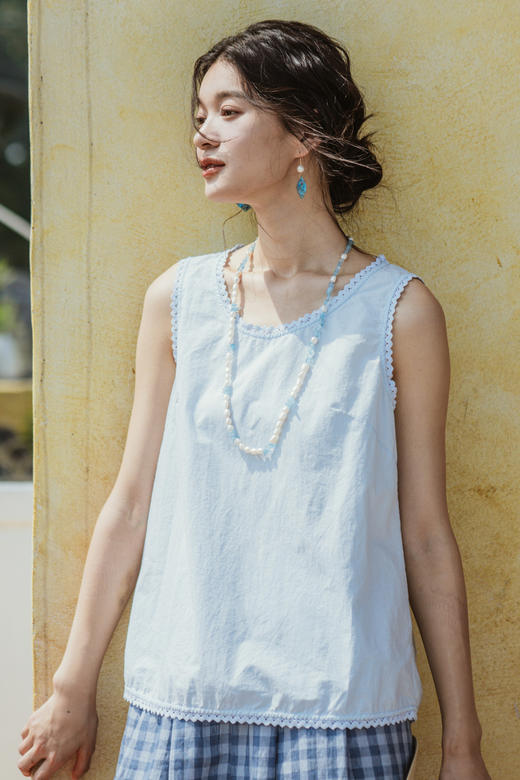 绽放382朵【入蓝系列】高端汉麻棉天青色拼接花边宽松棉麻背心 商品图5