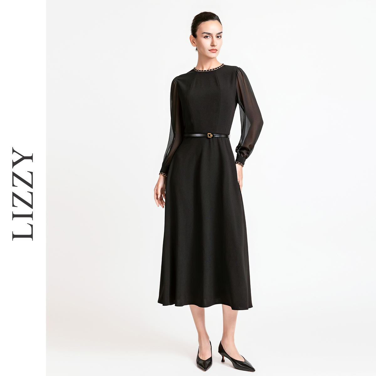 LIZZY 早秋法式高级感显瘦收腰长袖金属感装饰优雅连衣裙配腰带7959