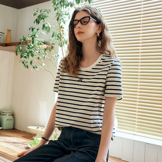 OLrain欧芮儿条纹T恤女夏季2024年新款简约宽松设计感短袖上衣 商品图1