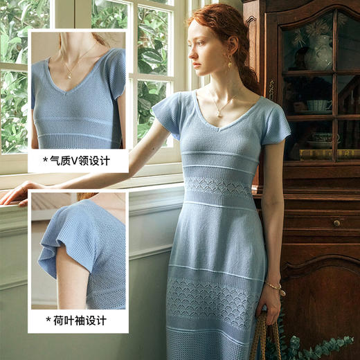 OLrain欧芮儿V领短袖连衣裙女夏季2024年新款镂空度假风针织长裙 商品图3
