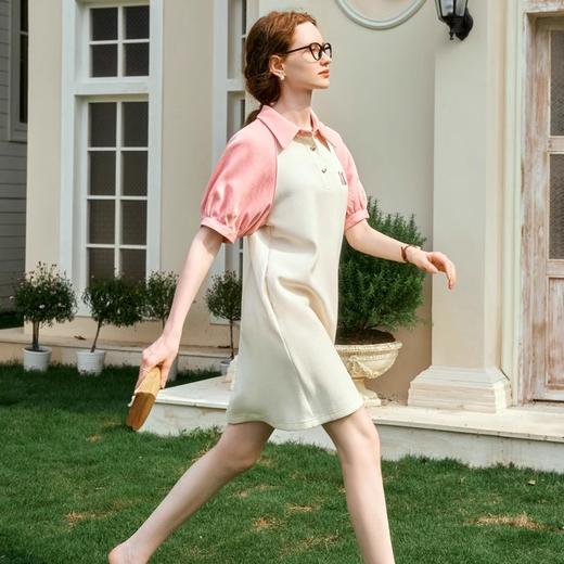 OLrain欧芮儿POLO领杏色连衣裙女夏季2024新款撞色翻领减龄A字裙 商品图0