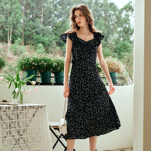 OLrain欧芮儿法式黑色碎花连衣裙女夏季2024新款V领气质显瘦长裙 商品图1