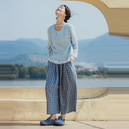 绽放382朵【入蓝系列】高端汉麻棉天青色拼接花边宽松棉麻背心 商品图3