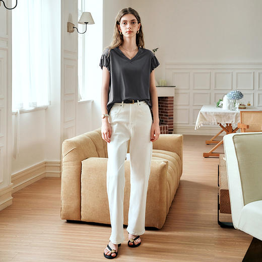 OLrain欧芮儿灰色V领T恤女夏季2024年新款纯色休闲百搭短袖上衣 商品图4