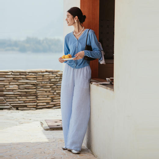 绽放194朵【入蓝系列】蓝白细条纹宽松百搭弯刀阔腿亚麻休闲裤 商品图2