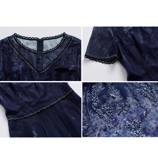 司歌刺绣印花连衣裙圆领短袖收腰优雅端庄A891054X 商品图1