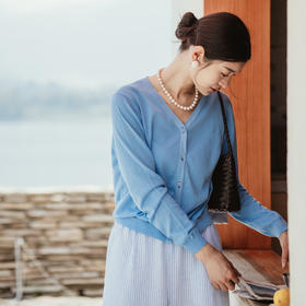 绽放389朵【入蓝系列】天空蓝苎麻棉亲肤宽松棉麻针织开衫上衣